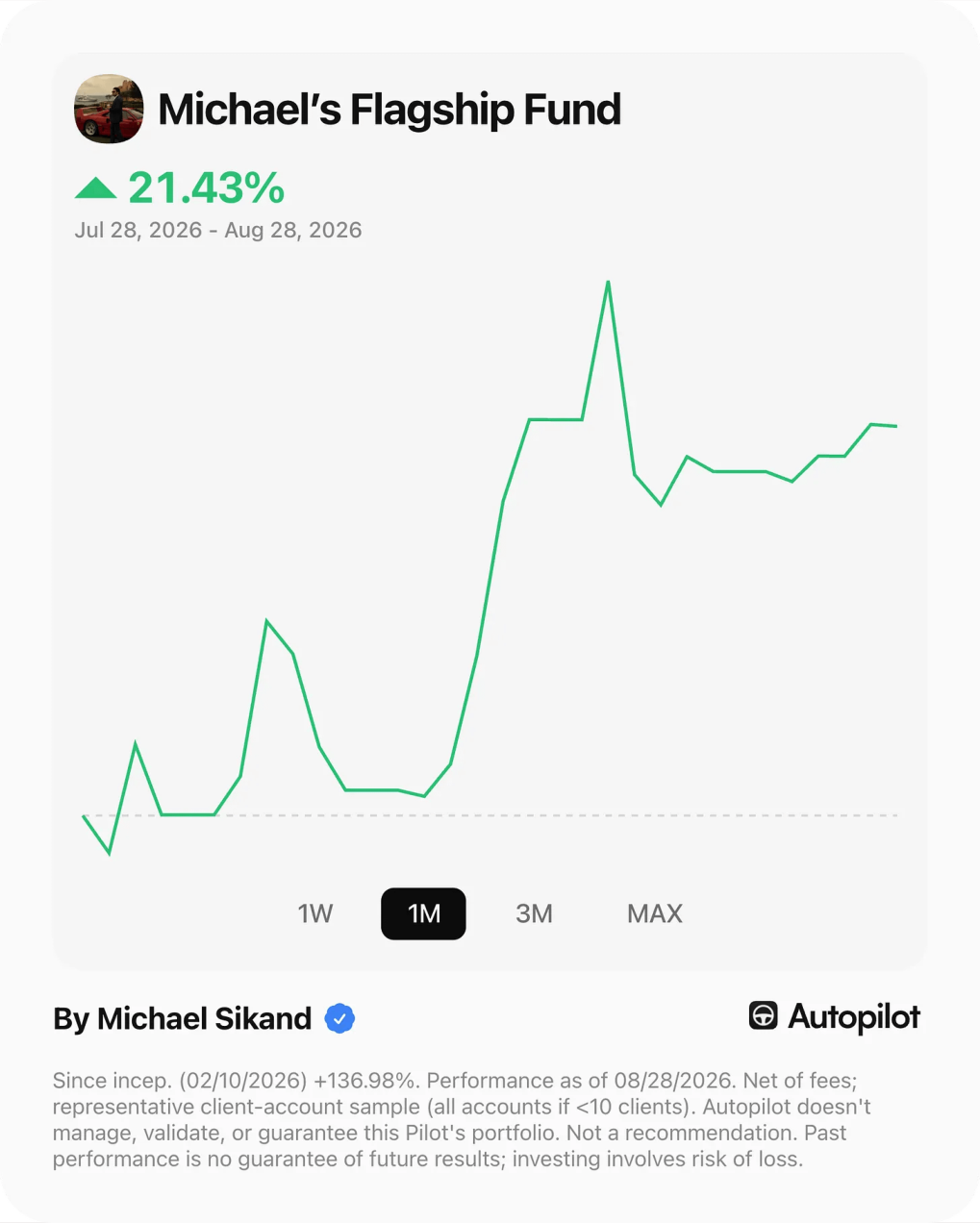 Michael's Flagship Fund, one-month performance