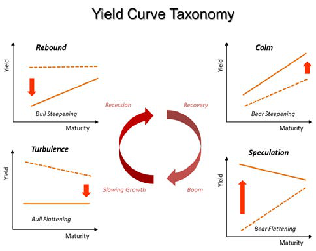 Four phases of the investment clock with stylized yield curves for Rebound, Calm, Turbulence, and Speculation.