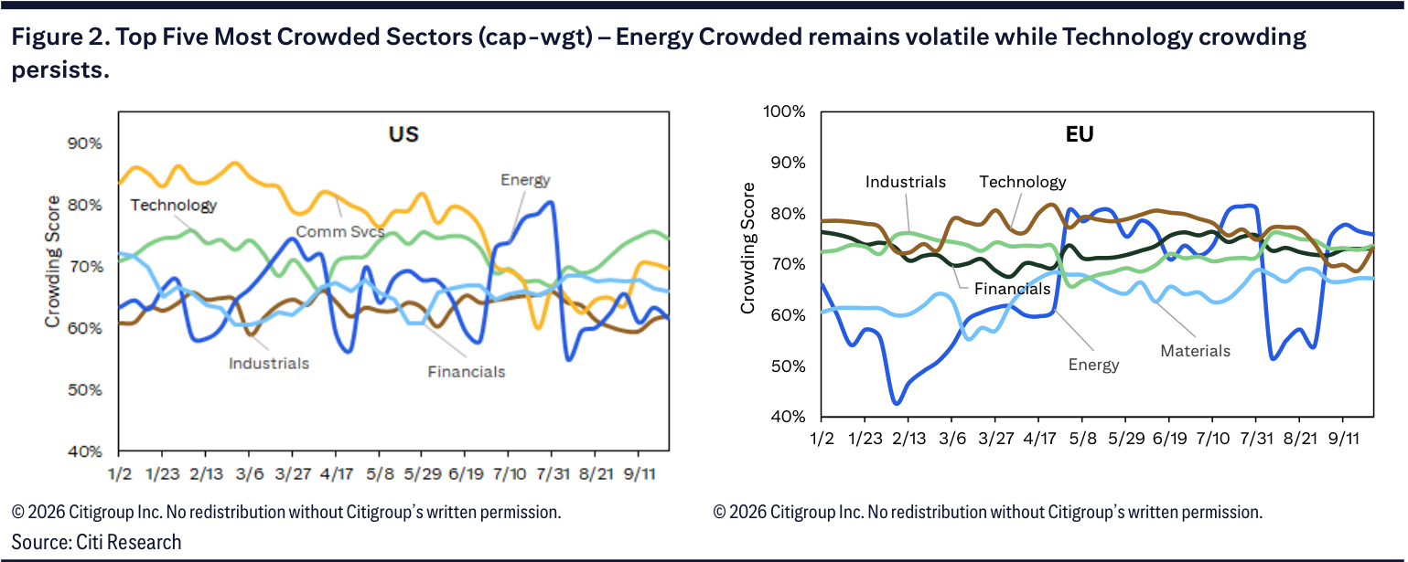 Top Five Most Crowded Sectors (cap-wgt) – Energy Crowded remains volatile while Technology crowding persists.