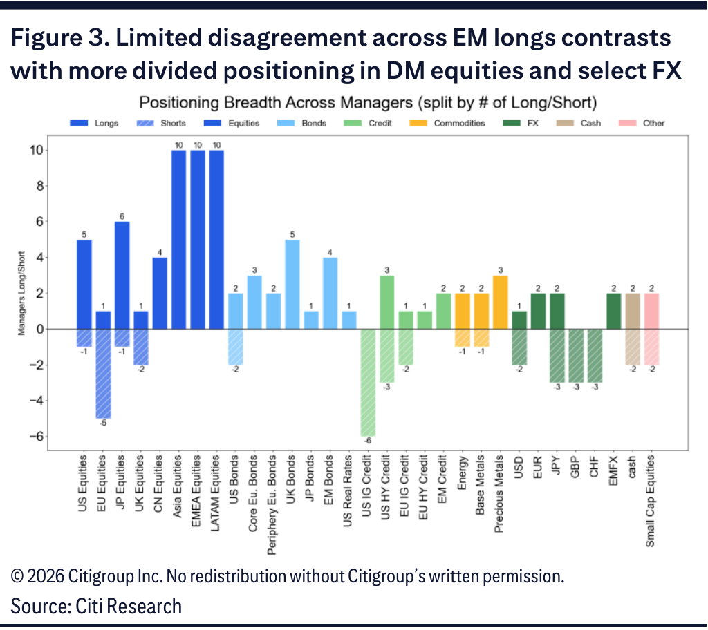 Figure 3. Limited disagreement across EM longs contrasts with more divided positioning in DM equities and select FX