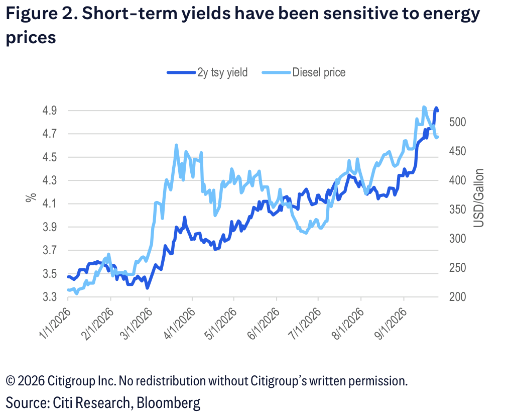 A time series chart comparing the two-year Treasury yield with diesel prices.