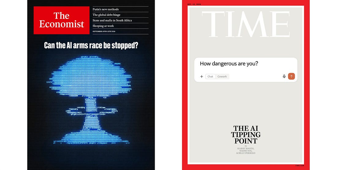 Side-by-side magazine covers: The Economist asking whether the AI arms race can be stopped, and TIME on the AI tipping point.