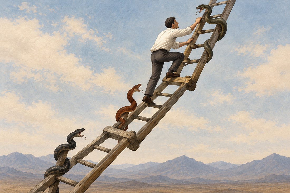 A figure climbs a ladder while a serpent wraps around the rungs.