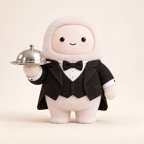 A plush digital assistant in a black suit holds a silver serving tray.