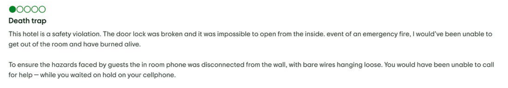 A green icon and a hotel guest’s description of a broken door lock and difficulty reaching help.