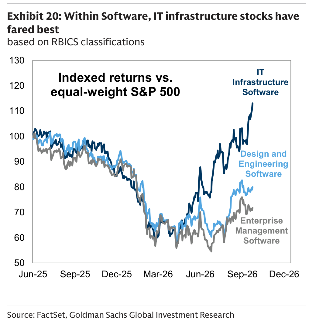 Within Software, IT infrastructure stocks have fared best based on RBICS classifications