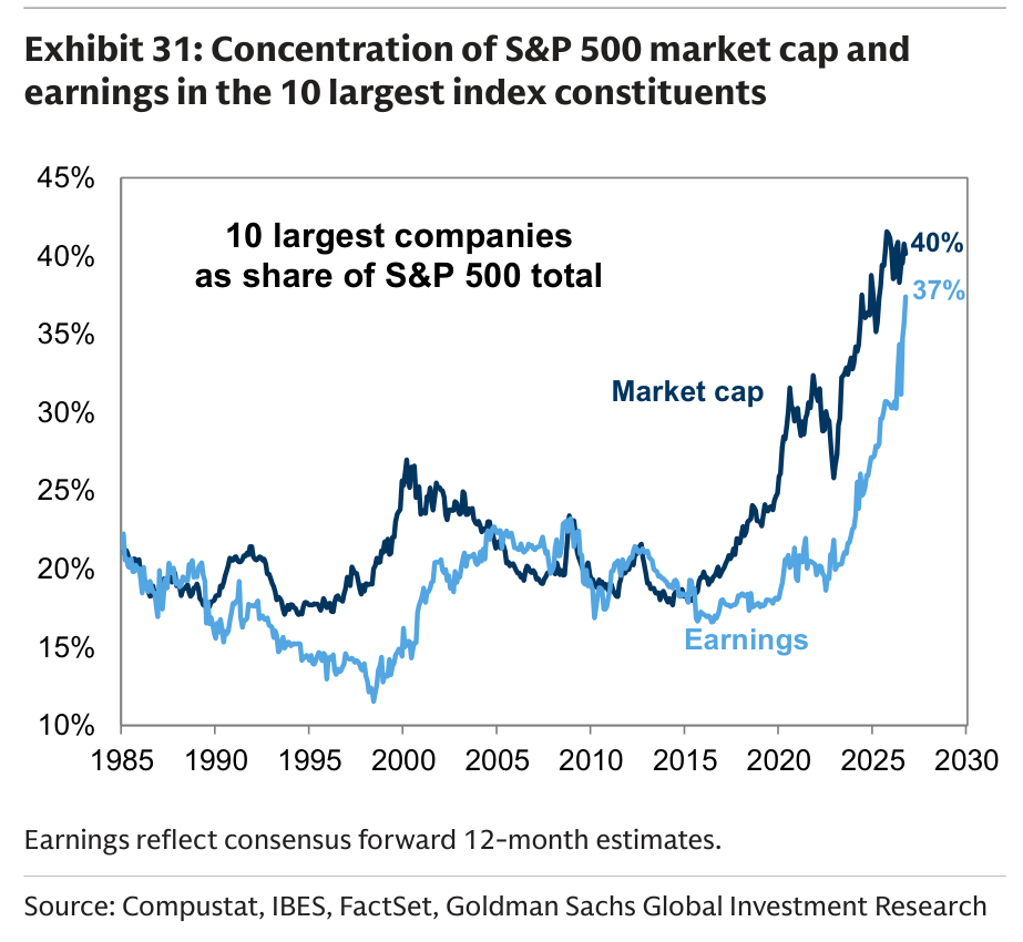 Concentration of S&P 500 market cap and earnings in the 10 largest index constituents
