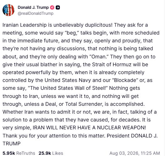 Trump Truth Social post on Iran talks and Hormuz