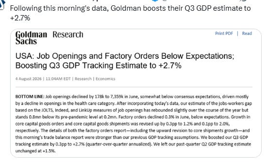 Goldman Sachs JOLTS, factory orders and Q3 GDP tracking note
