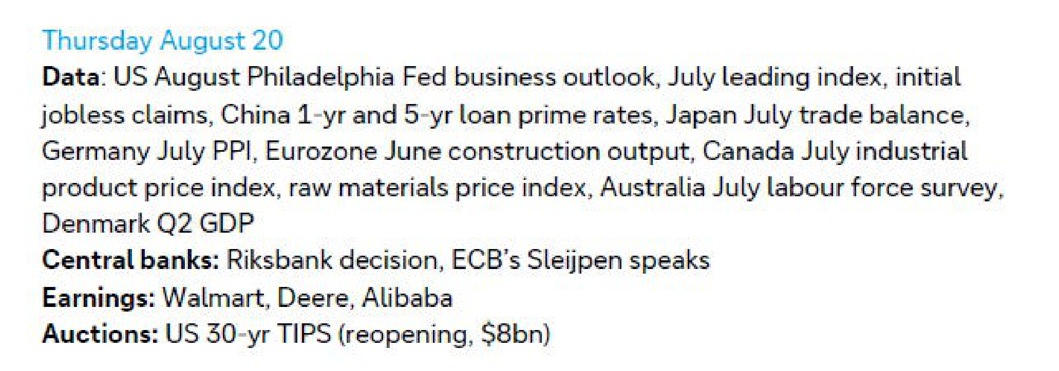 Thursday macroeconomic calendar card.
