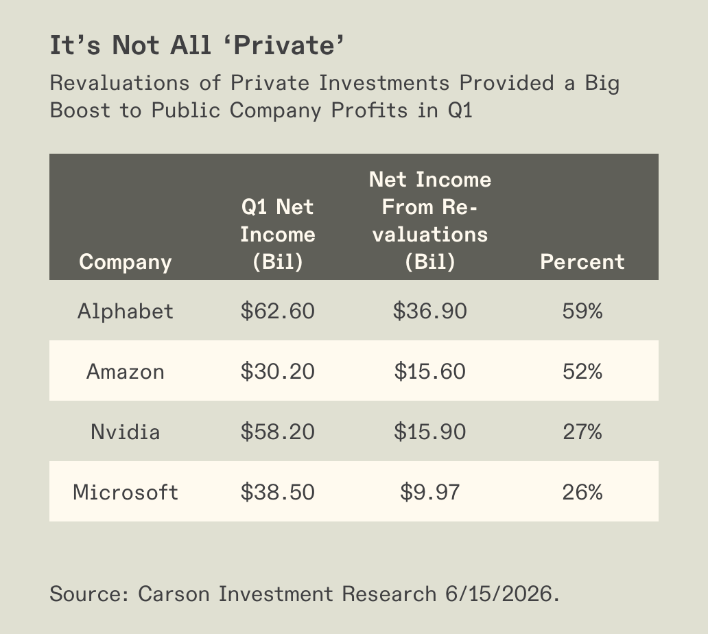 Table showing private investment revaluations in public company profits.