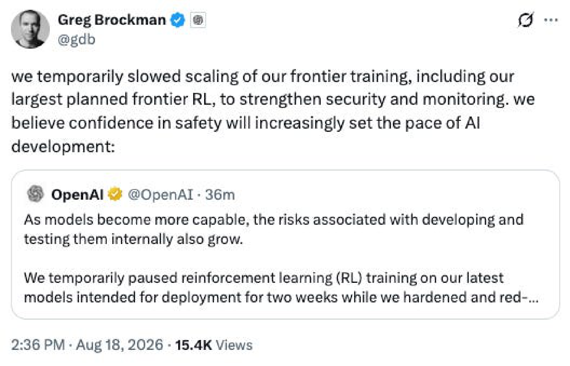 Greg Brockman post quoting OpenAI on a temporary training slowdown