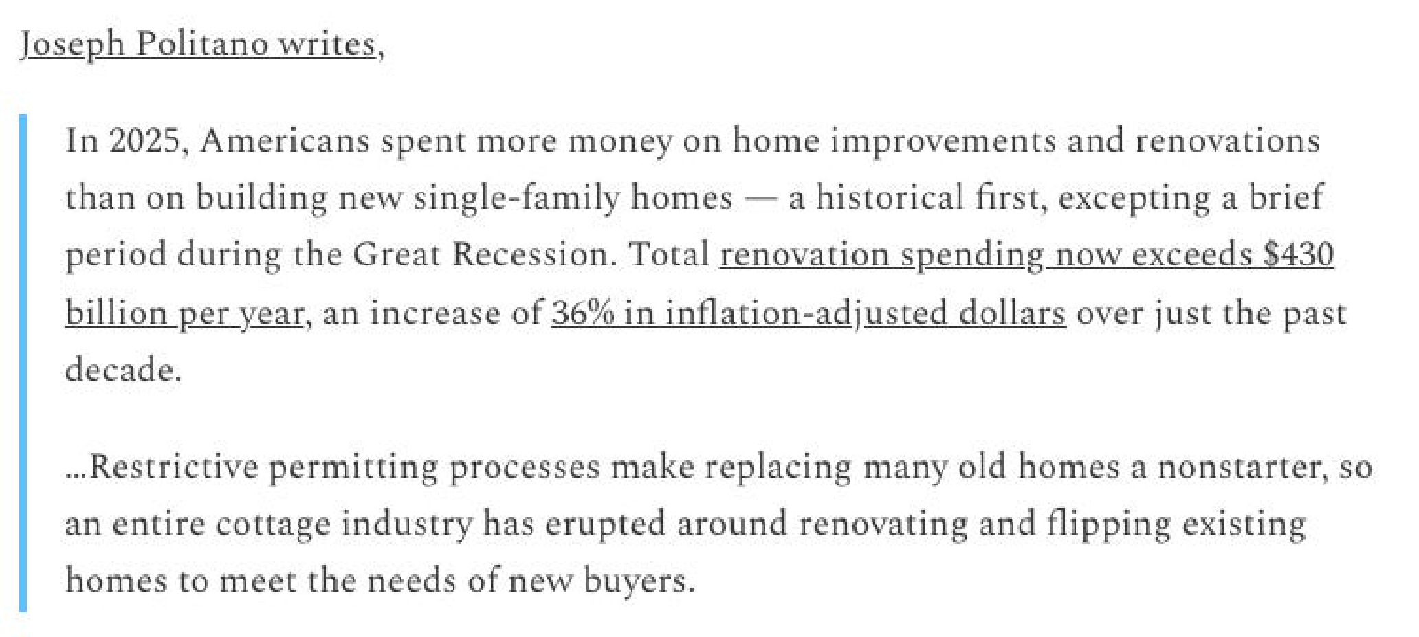Joseph Politano quotation on renovation spending and permitting