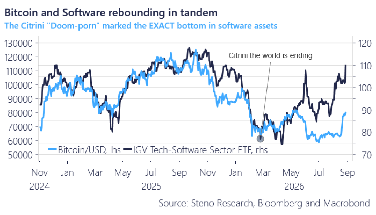 Chart 1: Bitcoin and software rebounding in tandem