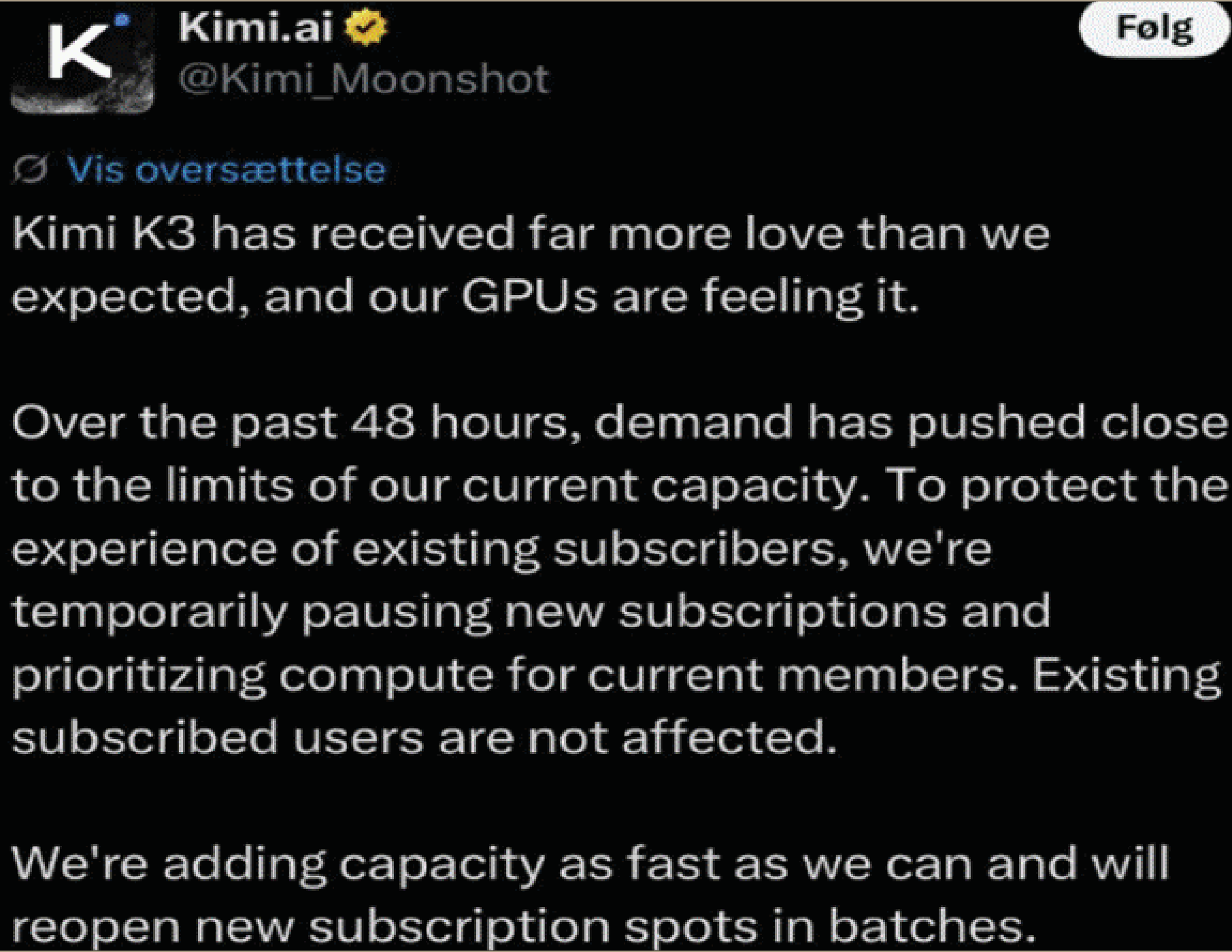 Moonshot’s own tweet: GPU capacity full in 48 hours. This is bullish for hardware, not bearish