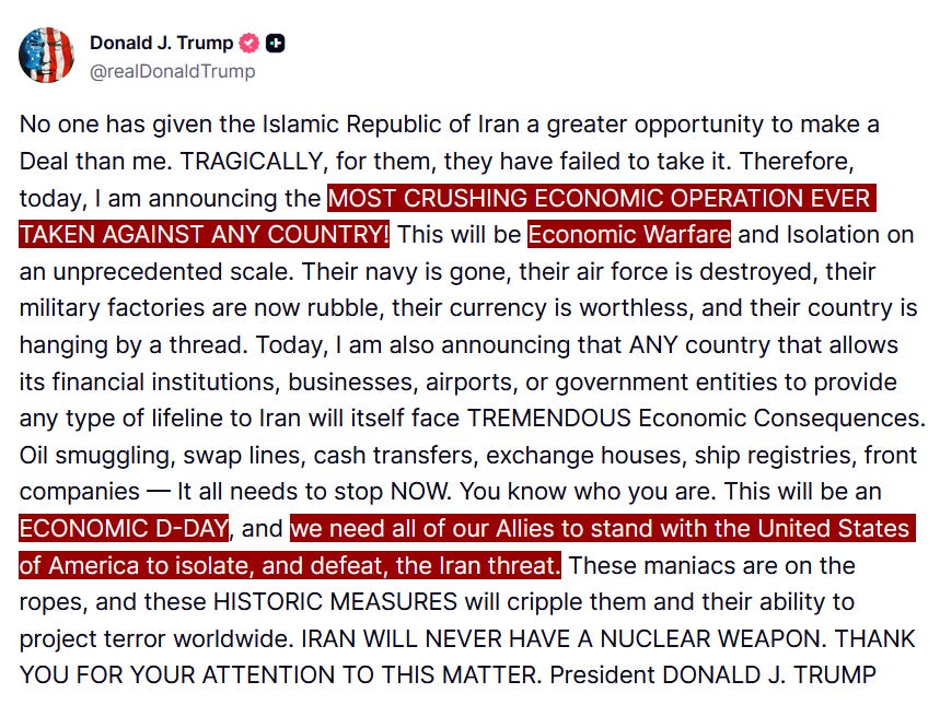 Screenshot of a Donald J. Trump post announcing economic isolation measures against Iran.