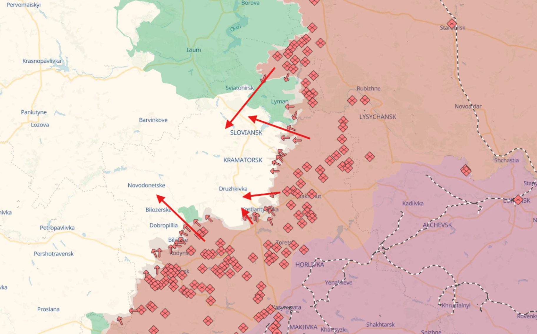 Map of eastern Ukraine with red incident markers and arrows toward Sloviansk and Kramatorsk.