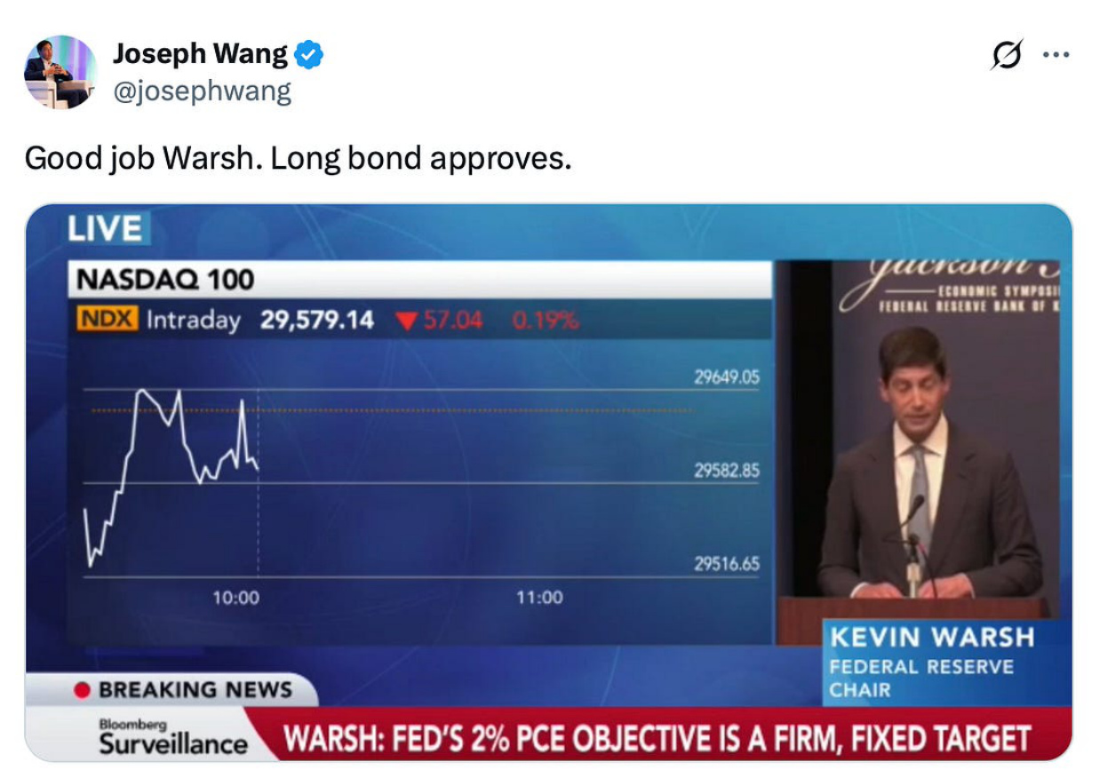 Joseph Wang: Good job Warsh. Long bond approves.