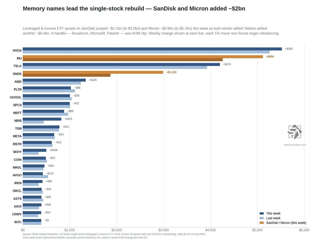 Single-stock leveraged and inverse ETF assets, led by memory names